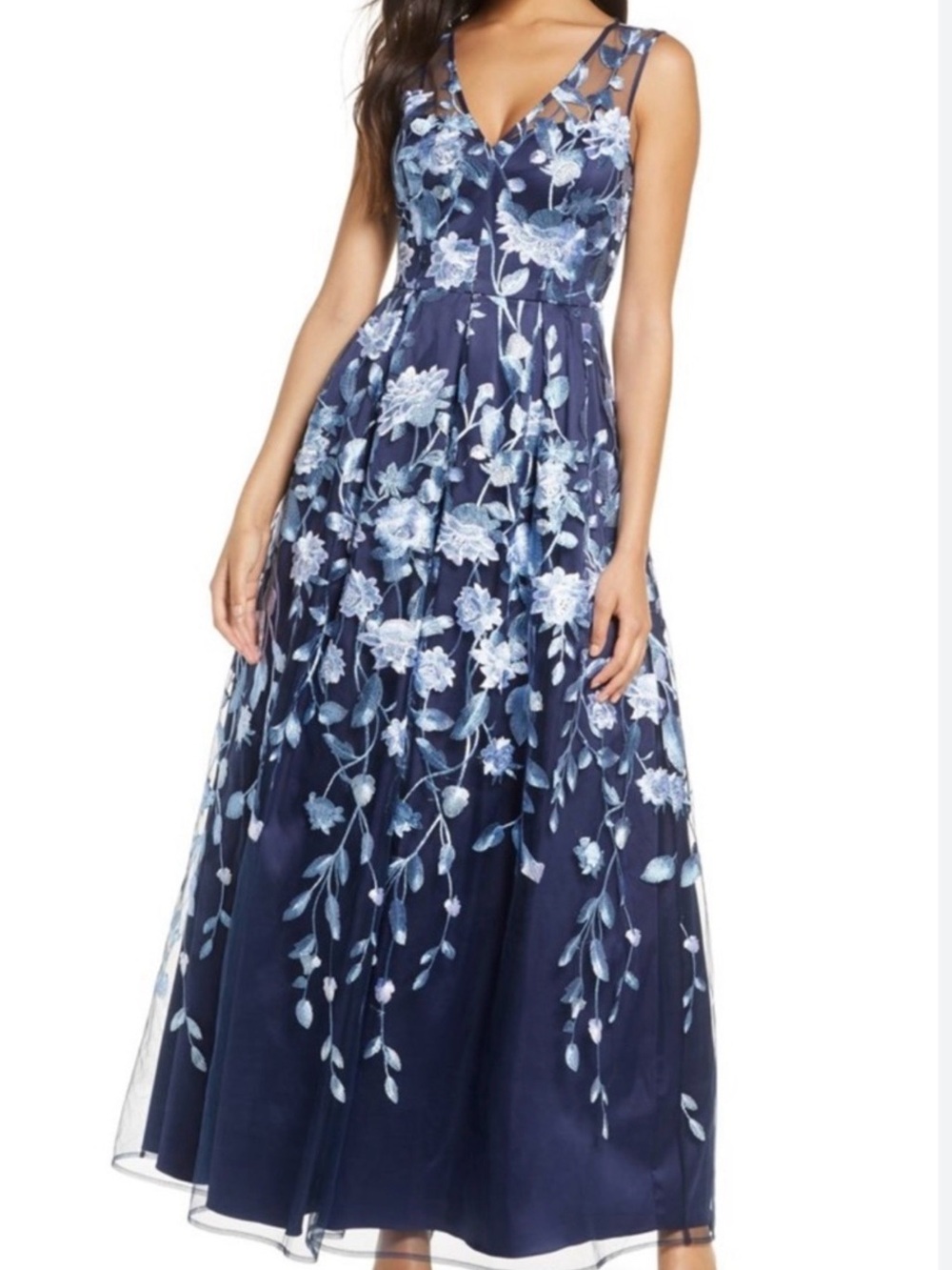 Eliza J Sleeveless Navy Maxi Dress with Light-Blue Floral Embroidery